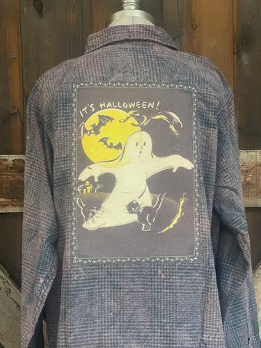 BOO! Ghost Art Flannel- Distressed Grey Plaid